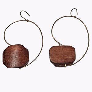 Boho Abstract Chunky Wood Gold Tone Hoop Drop Earrings Fashion Jewelry Women